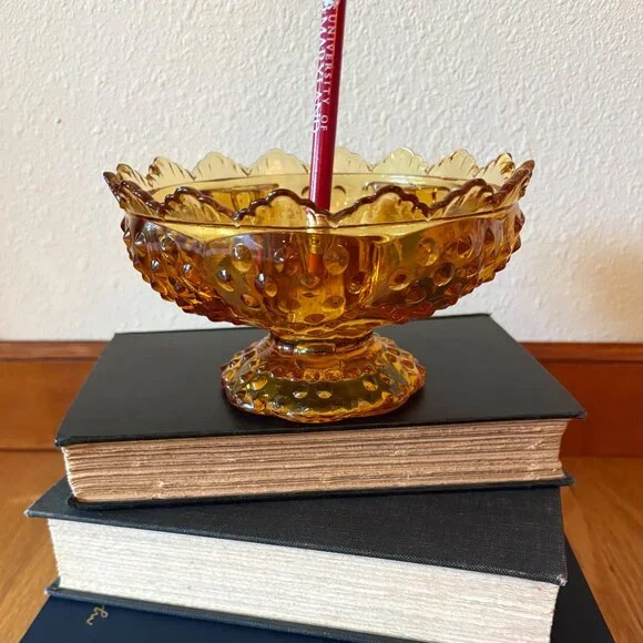 VTG Fenton Amber Glass Hobnail Candle Holder Bowl Centerpiece Bowl Decorative - Picture 10 of 10